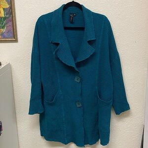 Focus Casual Life Teal Turquoise Waffle Knit Cardigan Cotton Lagenlook Artsy